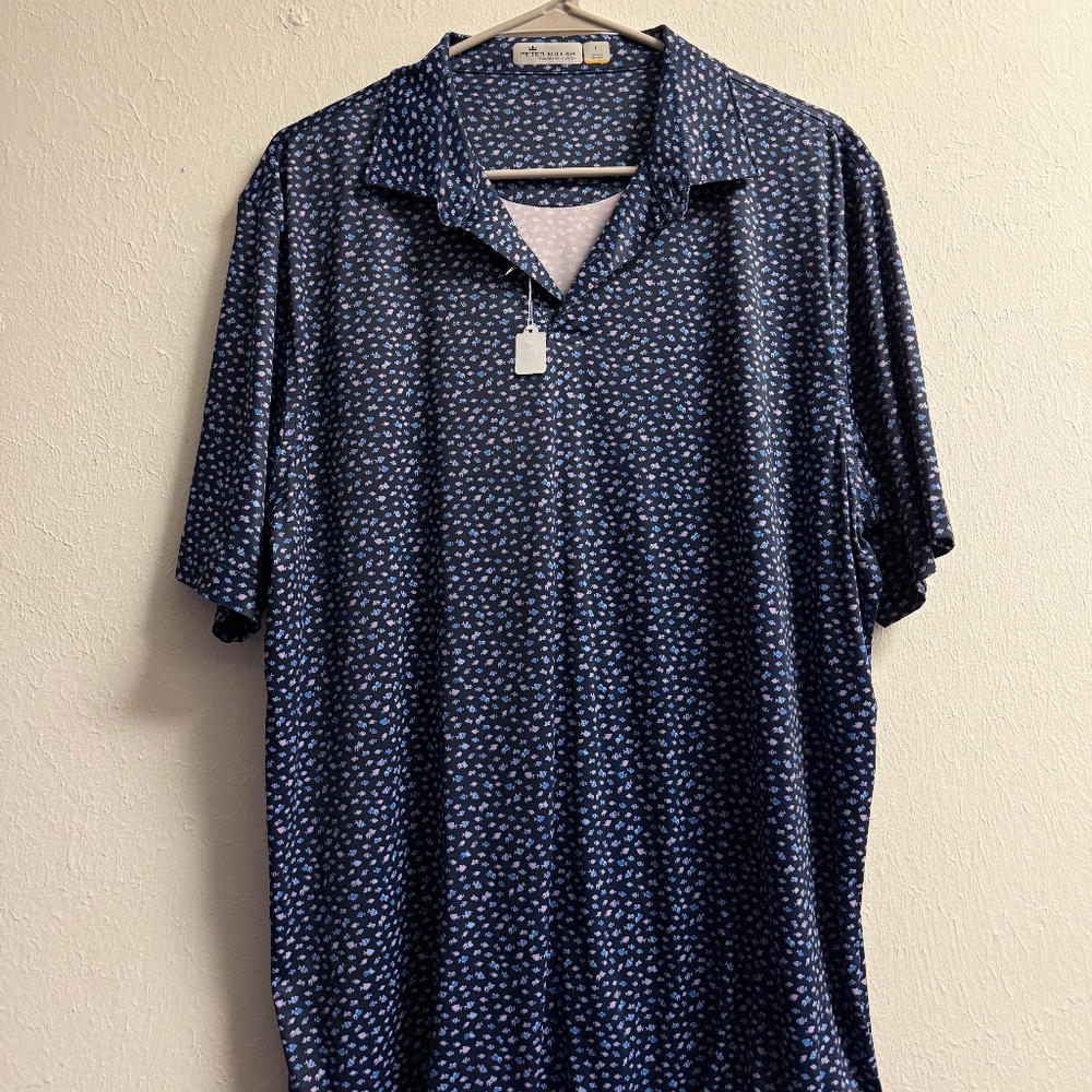 Peter Millar Fish Blue Short Sleeve Men's Golf Shirt Featherweight, Size:L, EUC